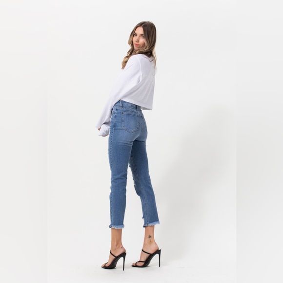 Jelly Jeans Winona High Rise Light Indigo Blue Denim Distressed Straight Jeans - Picture 6 of 9
